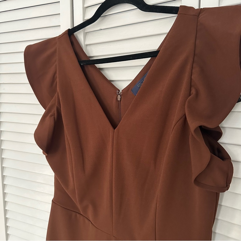 Rachel Rust Brown V-Neck Jumpsuit with Flutter Sleeves